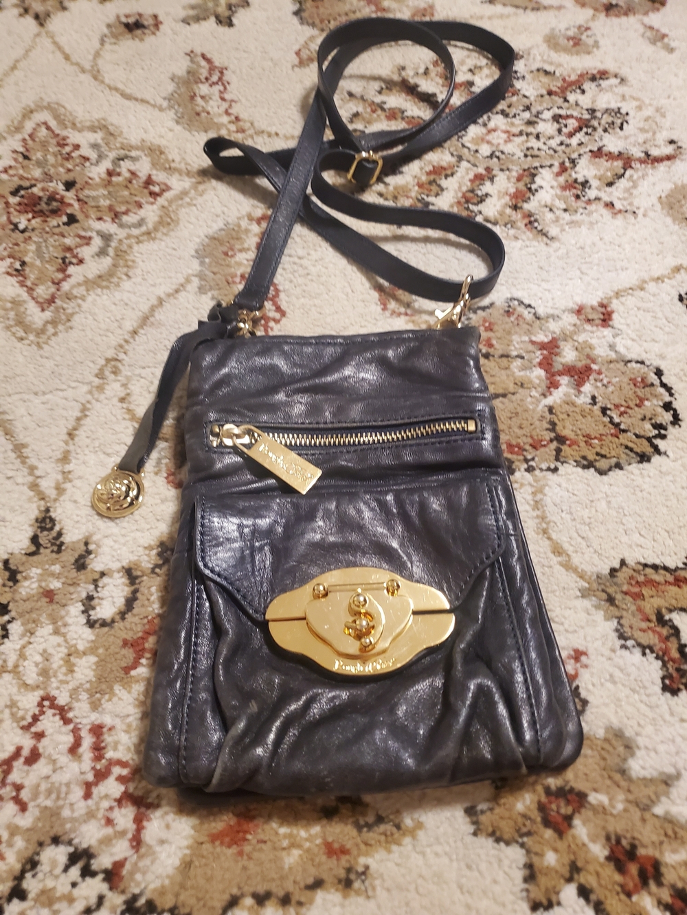 Rough Roses Black Leather Crossbody with Gold-Tone Hardware Accents